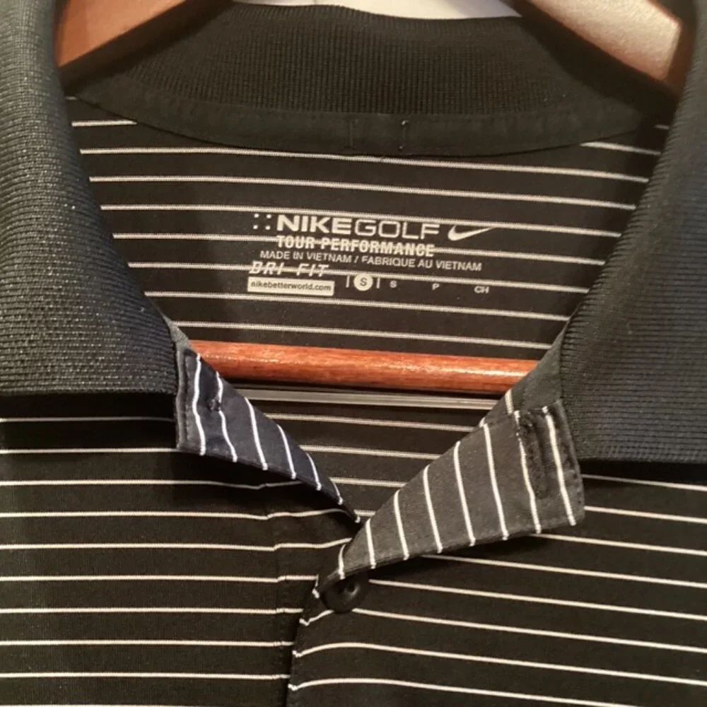Two Nike Shirts Dry Fit Mens Small Black & White Stripe, Dark Gray Solid Vietnam